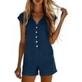 thumbnail image 4 of Women's Short Cuffed Sleeve Utility Rompers Elastic Waist Button Down Cotton Pocketed Jumpsuit Navy L(L), 4 of 7