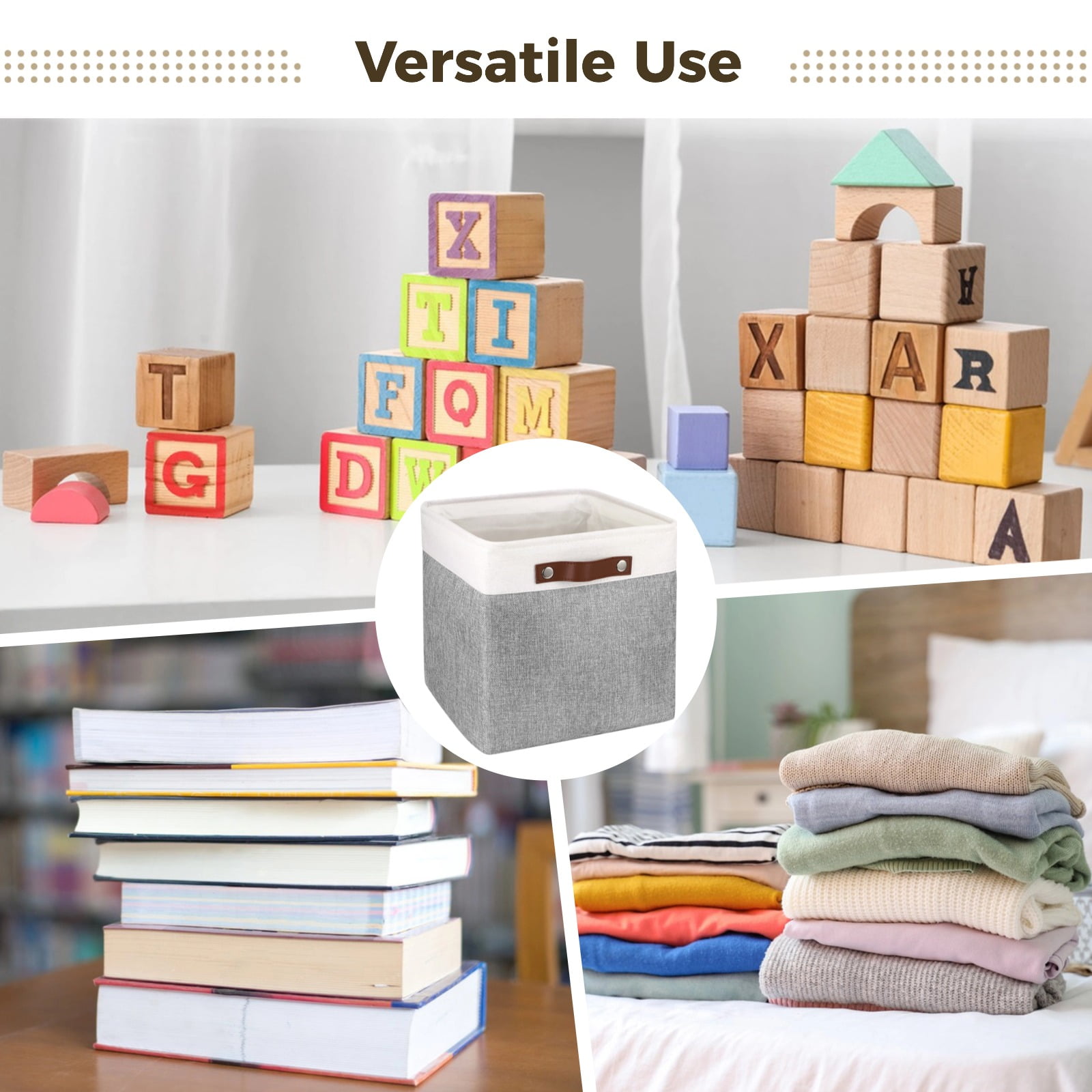 6 Pack Fabric Storage Cubes – 11" x 11" Foldable Bins with PU Leather Handles, Gray & White Closet Organizers for Shelves, Drawers, Clothes, Toys & Books