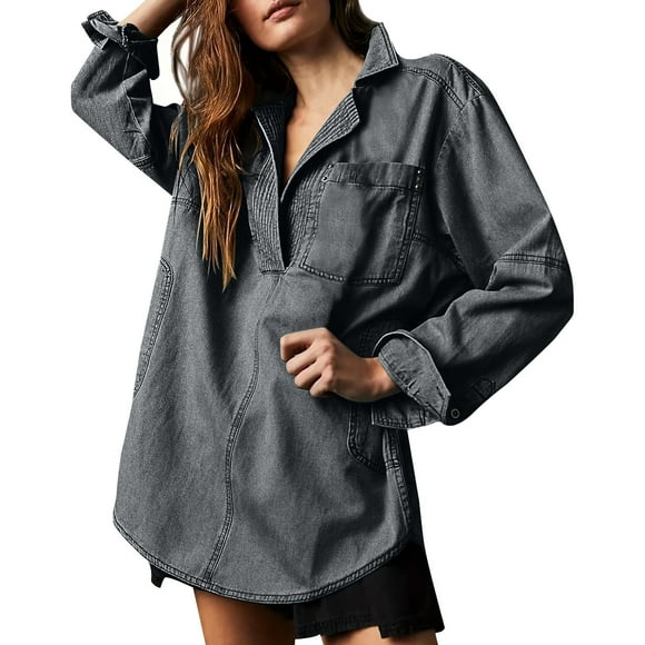 Gray Western Hooded Plain Casual Coat for Ladies Fall Winter Long Sleeve V Neck Denim Jacket Outfits Womens 2025 Clothes Trendy Y2K XL