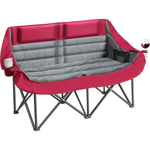 Double Camping Chair, Folding Loveseat Camping Couch with Pocket, Cup Holder and Carry Bag, Heavy Duty Portable Camping Chairs for Adults, Fishing, , Trip, up to 660lbs, Red