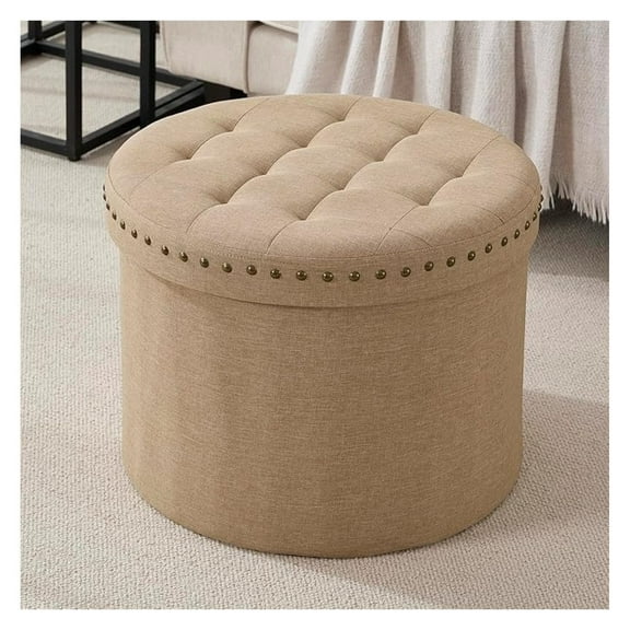 20" Round Ottoman with Storage – Large Collapsible Footrest with Nailhead Trim for Living Room & Bedroom Décor, Linen Taupe