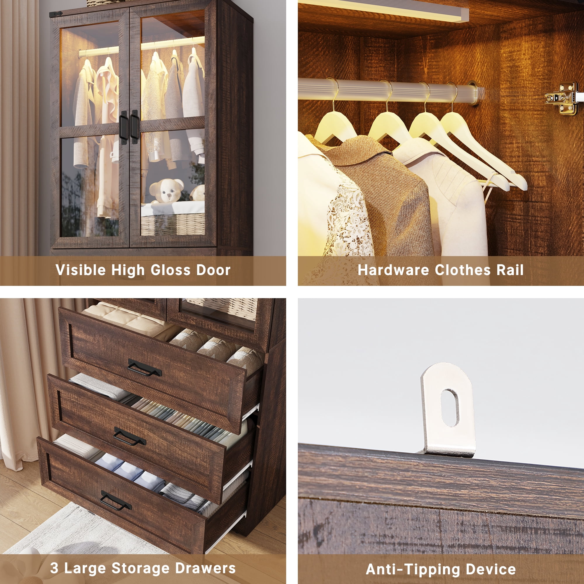 2 Glass Doors Armoire Wardrobe Closet with 3 Drawer & LED Light,75"H Wardrobe Closet Clothing Organizer with Hanging Rail for Bedroom