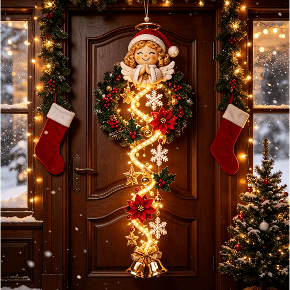 Light-Up Glowing Christmas Door Hanger, Lighted Holiday Entryway Decor, Warm Glowing Xmas Hanging