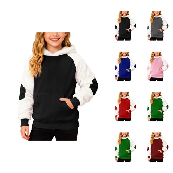 Boys Girls Christmas Hoodie Fall Winter Long Sleeve Color Block Fuzzy Hooded Sweatshirt Pullover Tops with Pockets 2-15 Years