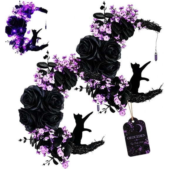 2 Pack Halloween Light Up Moon Cat Wreath, Gothic Black Rose Crescent Door Wreath, Ruffled Fabric Spooky Hanging Decor for Porch Entryway Home Halloween Decoration