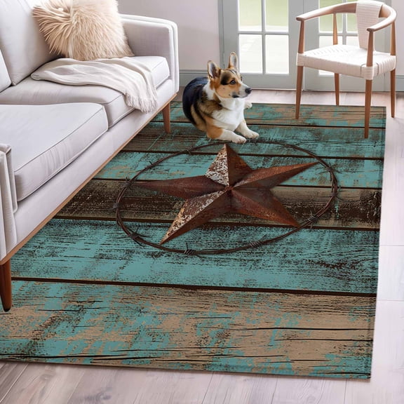 Teal Brown Texas Star Area Rug 3x5 Washable Rug Non Slip Vintage Star Wooden Large Area Rug Indoor Floor Carpet for Entryway Bedroom Kitchen Living Room Home Office Dining Room Nursery