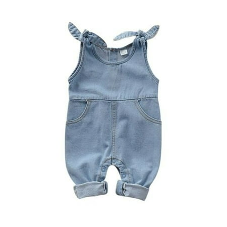 

Kiapeise Toddler Summer Rompers Denim Solid Color O-Neck Sleeveless Jumpsuits
