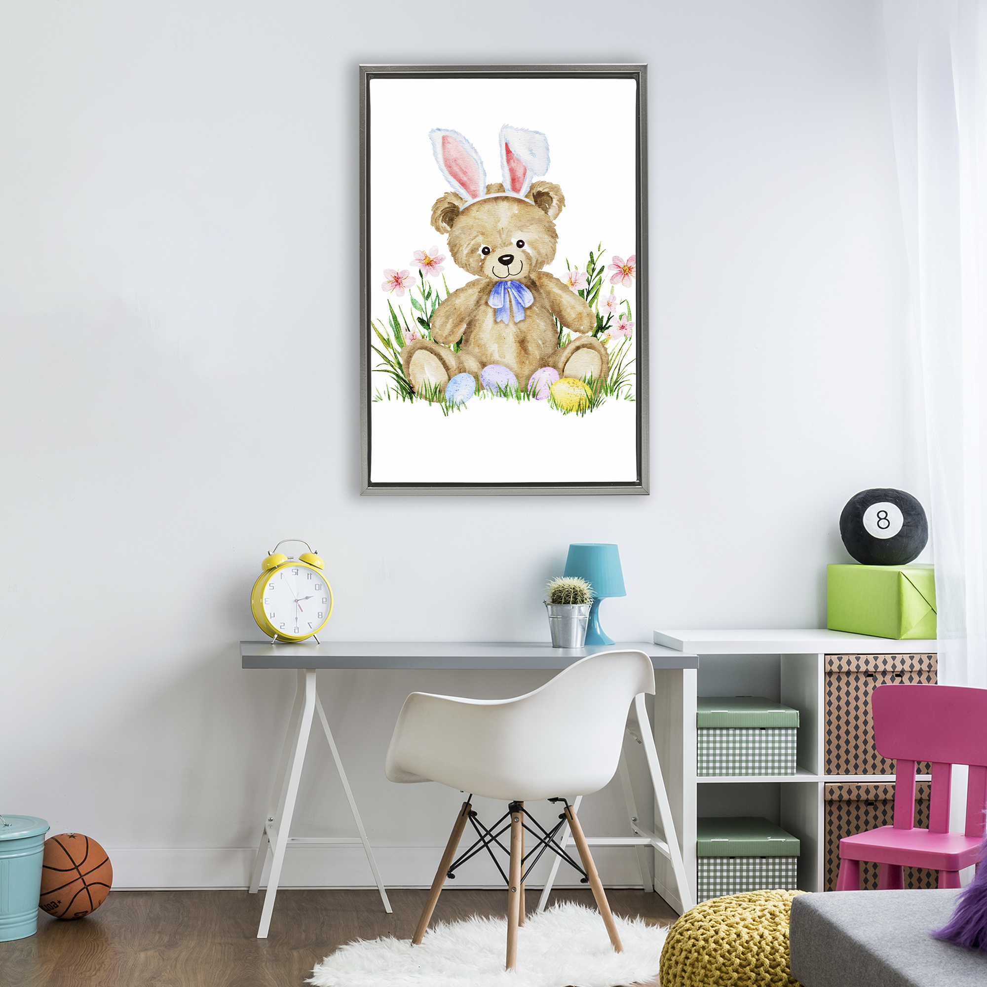 Springy Easter Teddy Bear Gray Framed Floater Canvas Wall Art, design by Amy Hall