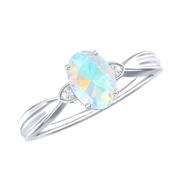 Oval Ethiopian Opal Solitaire Ring with Diamond for Women - 0.9 Ct - AAA Grade, 925 Sterling Silver, US 4.00