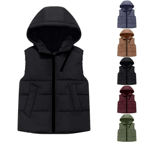 Feancey Boys Hooded Down Vest Toddler Kids Sleeveless Puffer Jackets Thick Warm Padded Waistcoat for Girls Winter Padded Outerwear with Pockets Black 8 Years