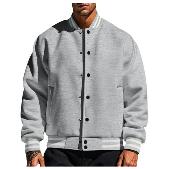 VNKIDY Men's Coat Autumn Winter Baseball Jacket With Striped Trim Long Sleeve Button Front Classic Sporty Style Versatile Coat For Casual Daily Streetwear Activities Soft Outerwear