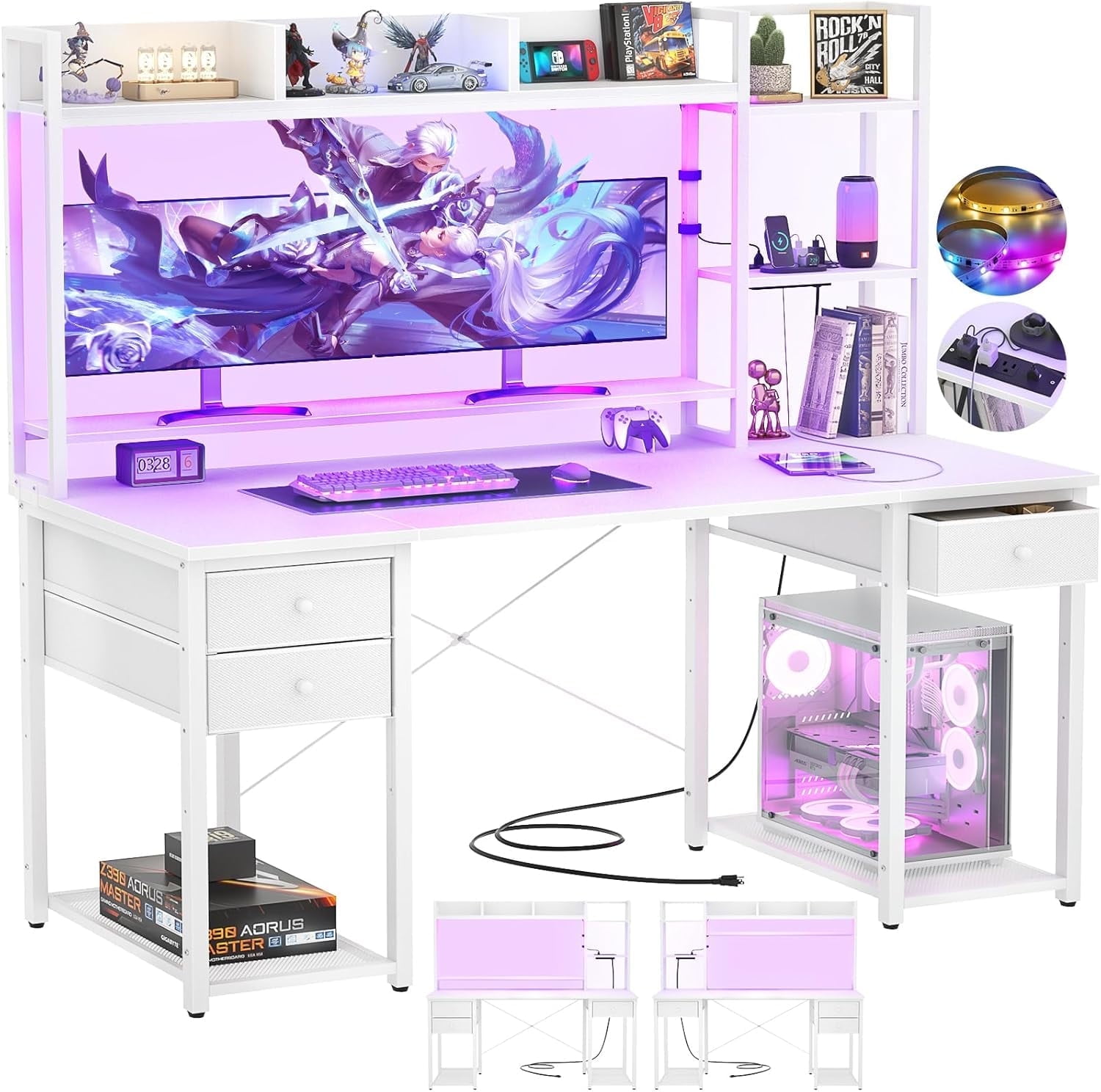 iSunirm Computer Desk with Storage & Hutch, 55.2'' Rectangle Gaming Desk with LED Light, Reversible Office Desk with Power Outlets, Comes with 3 Drawers, Large Workstation Desk for Home, White