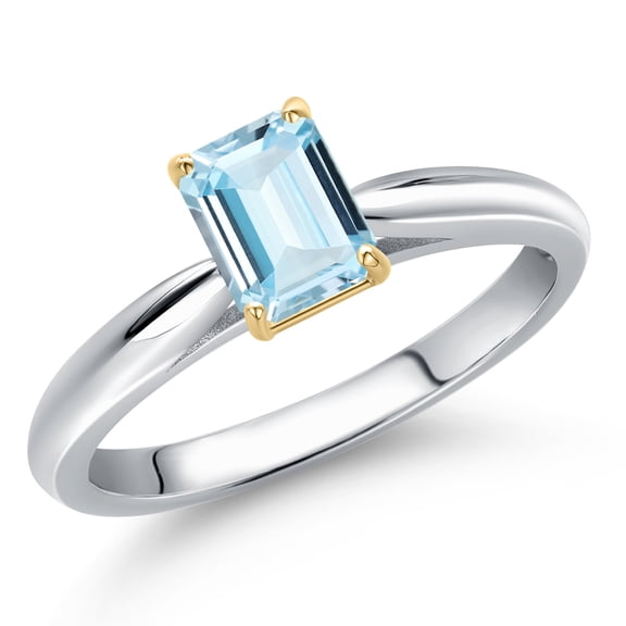 Gem Stone King 10K Two Tone Gold Sky Blue Aquamarine Engagement Ring for Women | 0.50 Cttw | Emerald Cut 6X4MM | Gemstone March Birthstone | Size 6