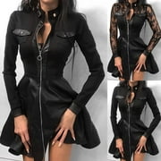 HEVIRGO Fashion Women Lace Long Sleeve Zipper Pocket Large Hem Faux Leather Mini Dress