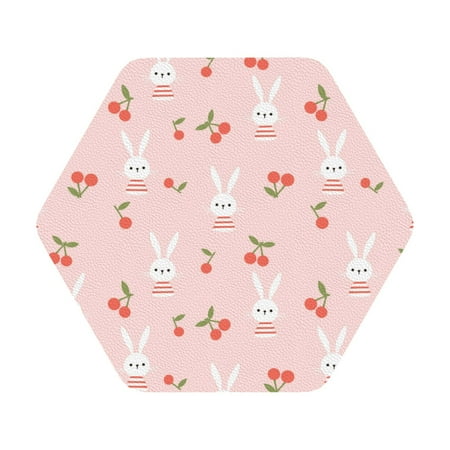 

Coaee Rabbit And Cherry Print Leather Coasters Set of 6 Non-Slip Washable Cup Coasters for Home Office Bar Hexagon
