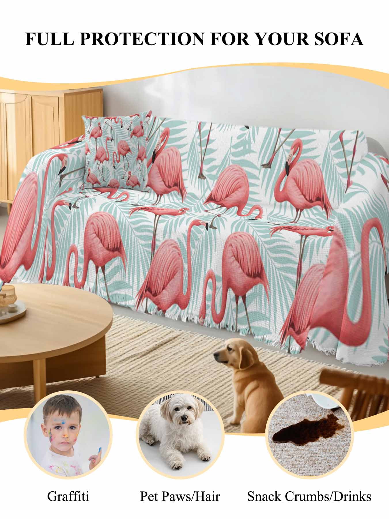 Pink Flamingo Couch Cover, Blue Summer Tropical Plants Leaves Sofa Cover Blanket for Loveseat Couches, Sectional Sofa Slipcover Furniture Protector for Living Room Bedroom 71''x118''