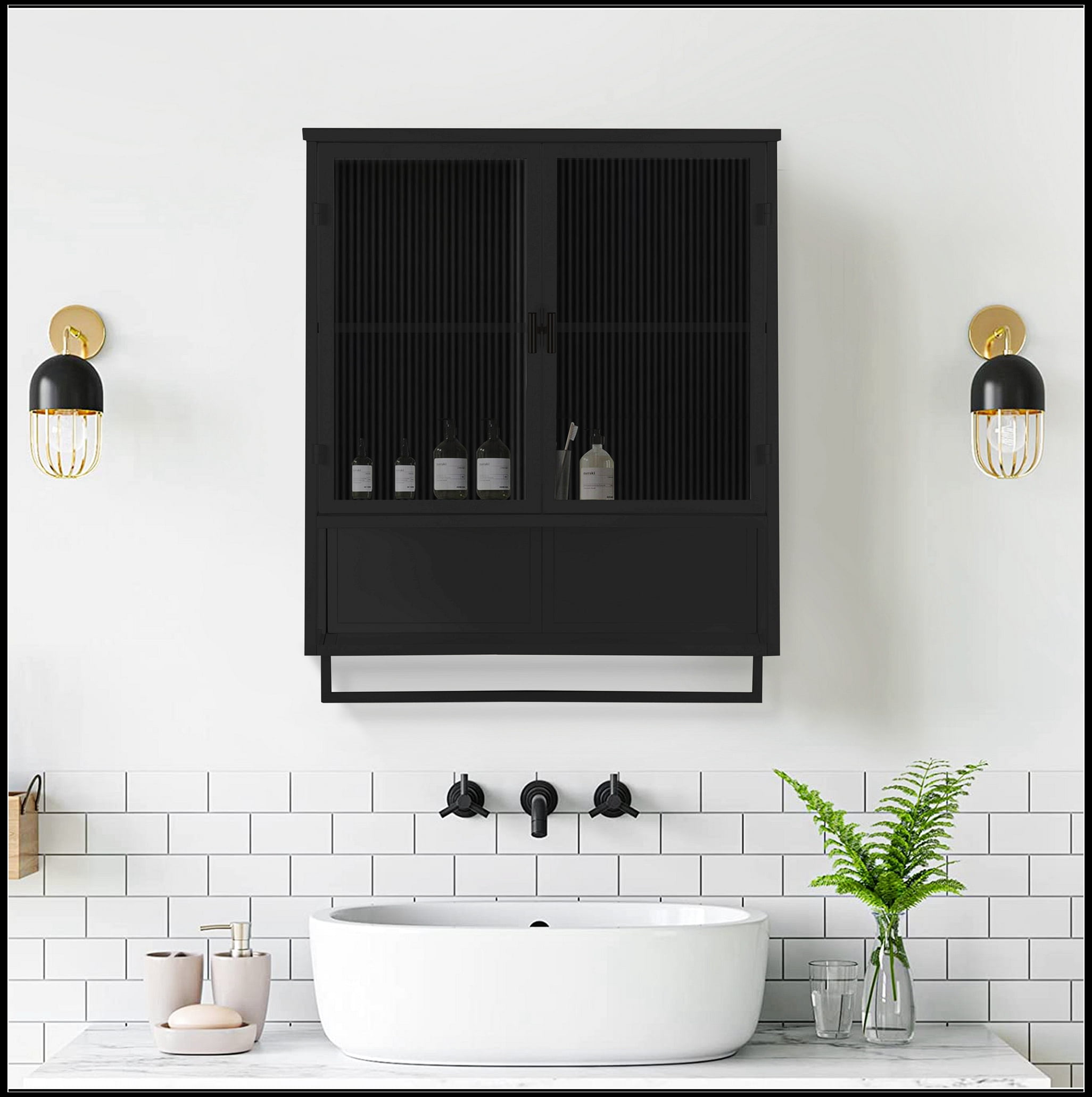 23.62"Glass Doors Modern Two-door Wall Cabinet with Featuring Two-tier Enclosed Storage, an Open Shelf, and Towel Rack, for Entryway Living Room Bathroom Dining Room,Black