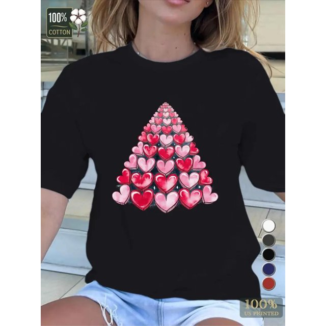 Hearts Valentine Heart Conical Shaped Tree Pure Women'S Tshirt Comfort Fit Tee For Adult, Men, Women, Teen, Teenager, Adolescent, Youth