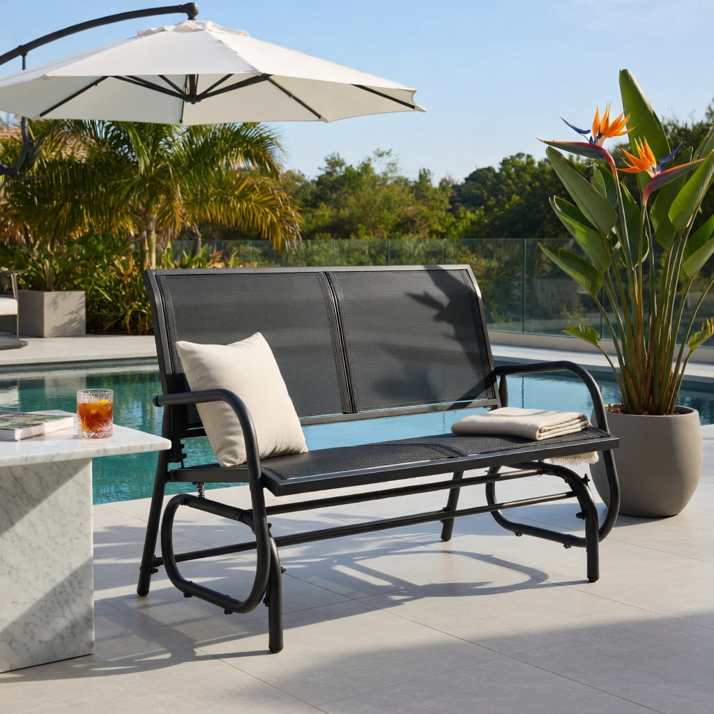 Hommoo 48" Outdoor Glider Loveseat Rocker Chair, Heavy Duty Steel Frame, Breathable Fabric Seat, Dual-Adult Capacity for Patio, Backyard & Porch, Black