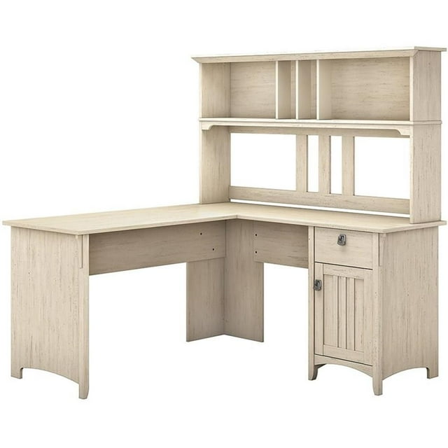 Bush Furniture Salinas Bureau en L avec Huche, Blanc Antique