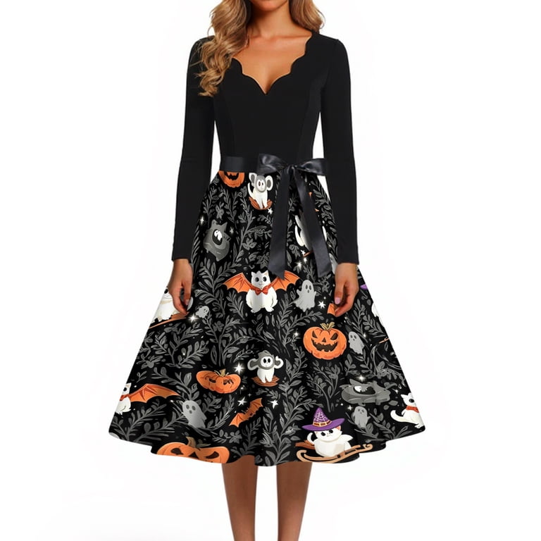 Stralyhd Spooky Pumpkin Dresses for Women Halloween Party Long Sleeve Dress Ghost Midi Dress Drawstring Spooky Horror Print Clothes Navy M
