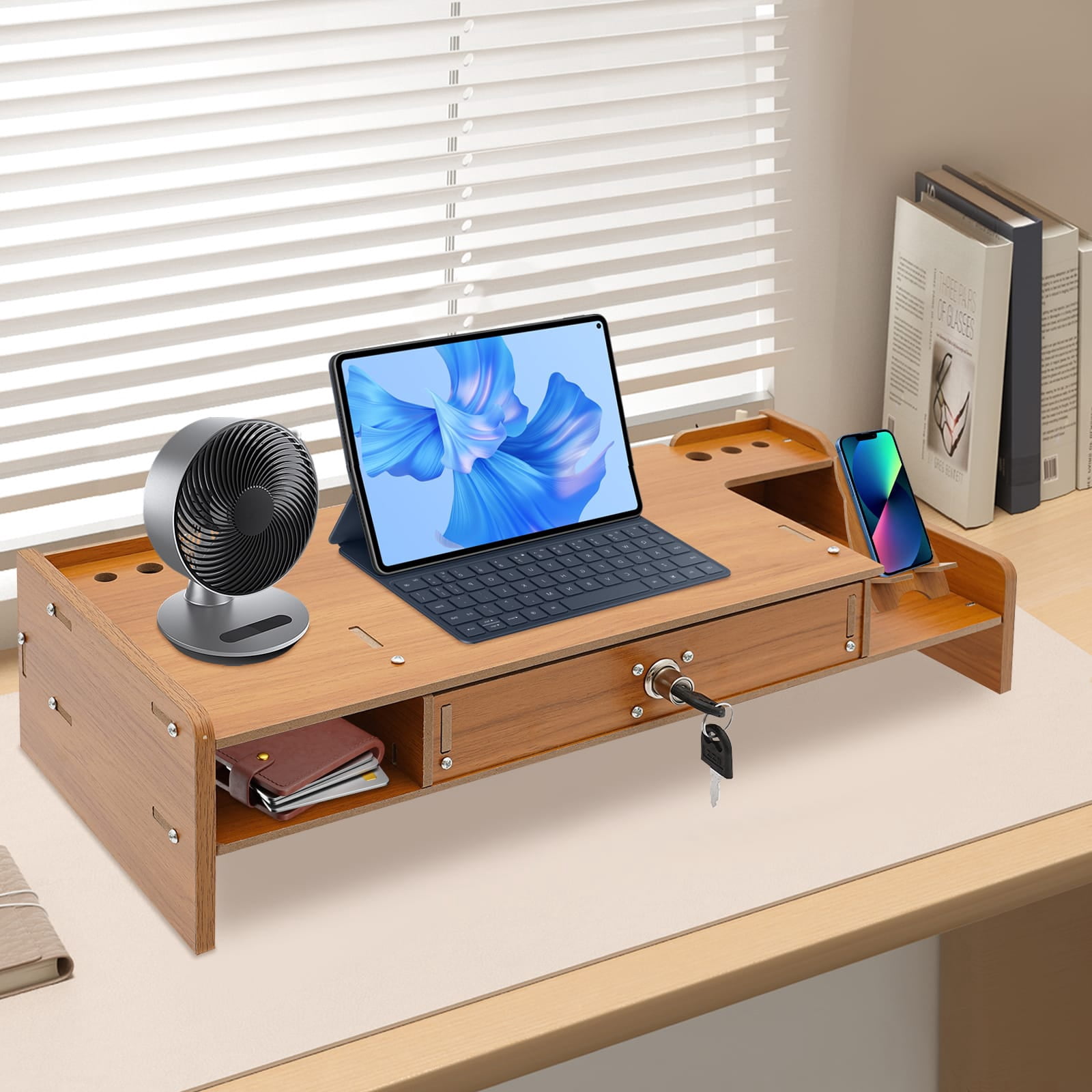Peakora Wooden Computer Monitor Stand Ergonomic Computer Rack with Lockable Drawer Monitor Stand with Phone Holder for Homes Schools Offices