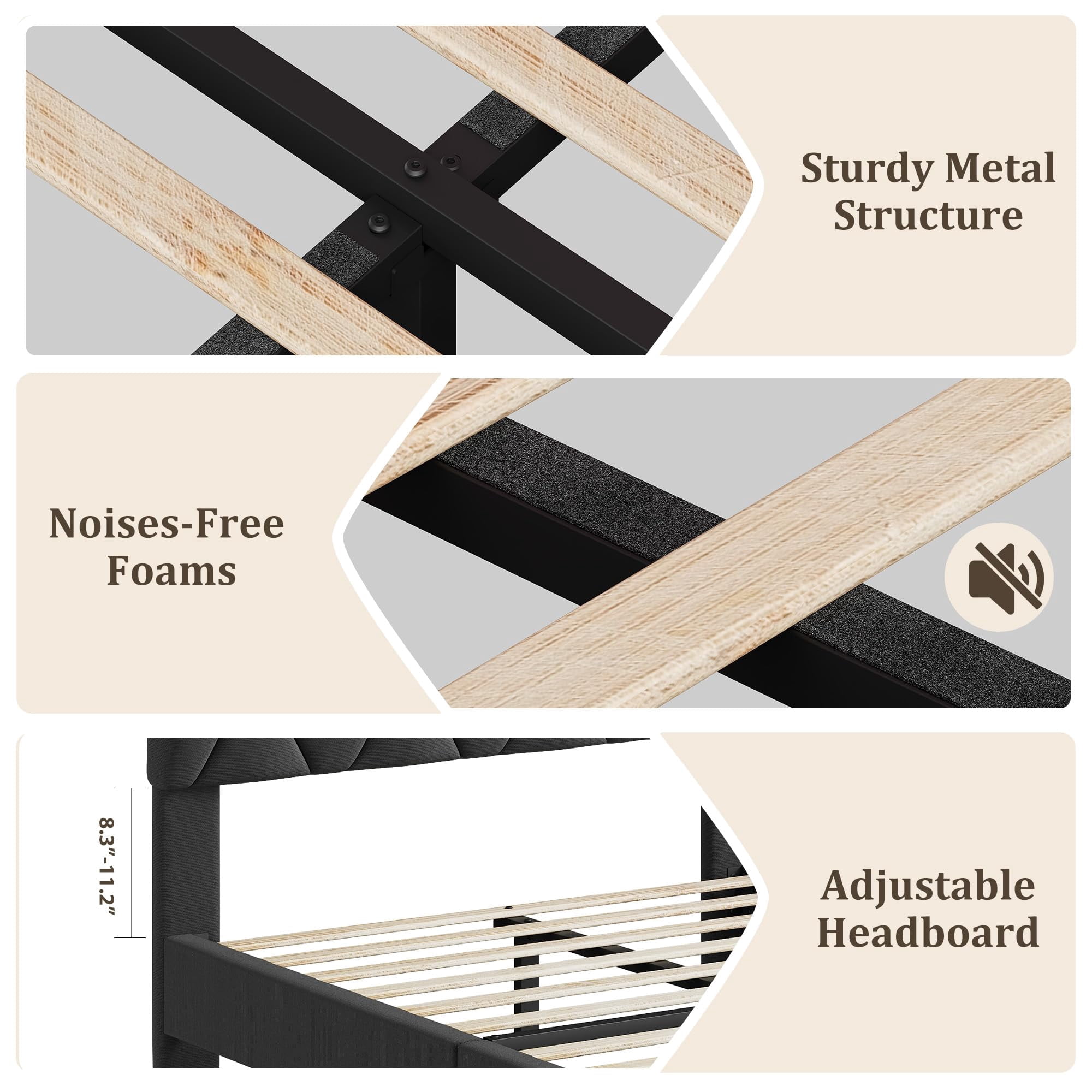 Velvet Upholstered Platform Bed Frame with Headboard, Queen Size Bed with Wooden Slats Support, No Box Spring Needed & Easy Assembly