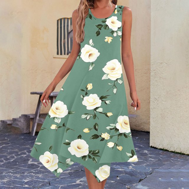 Staron Liquidation Robes pour Femmes 2025 Décontracté Printemps Sans Manches Ligne A Robe Midi Décontractée Vacances Hawaïenne Évasée Col Rond Ample Fluide Robe Débardeur #17 Vert Armée m