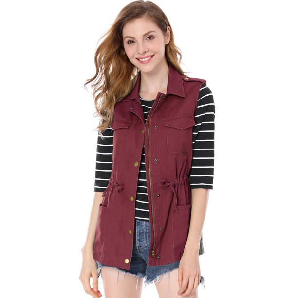 Chaleco Tipo Anorak Estilo Cargo Ligero Con Cordón Para Mujer Allegra K Borgoña XL