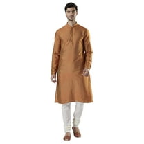 Ethnix Men's Indian Banded Collar Silk Blend Comfortable Kurta Tunic Pajama Set; Sand; SM