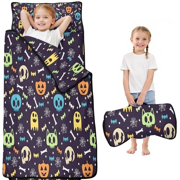 Colorful Halloween Ghosts Skulls and Pumpkins Toddler Nap Mats for Kids Preschool,50"x20" Sleeping Mat Bag or Kids,Toddler Sleeping Bag,Toddler Nap Mat or Daycare