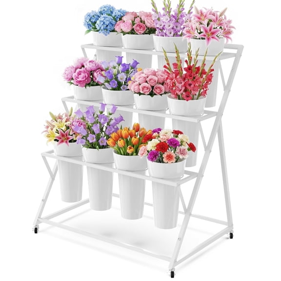 Flower Display Stand with 12 Buckets, White Flower Cart with Wheels 3 Layers Metal Flower Bar Stand Moving Flower Stand Florist Bouquet Shelf for Weddings Party Ceremony Indoor Outdoor Garden