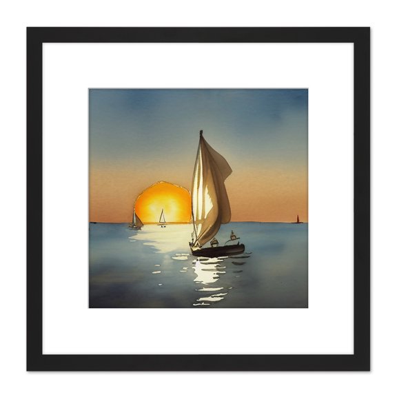 Boats Sailing Calm Sunset Seascape Ocean Watercolour Painting Square Wooden Framed Wall Art Print Picture 8X8 Inch