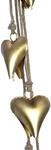 Decorative Hanging Cow Bells – 45” Metal Wind Chime with 6 Heart-Shap Bells on Rope - Vintage Farmhouse Boho Bell Garland for Christmas, Home, Porch, Entryway, Garden & Fireplace (Gold Heart)