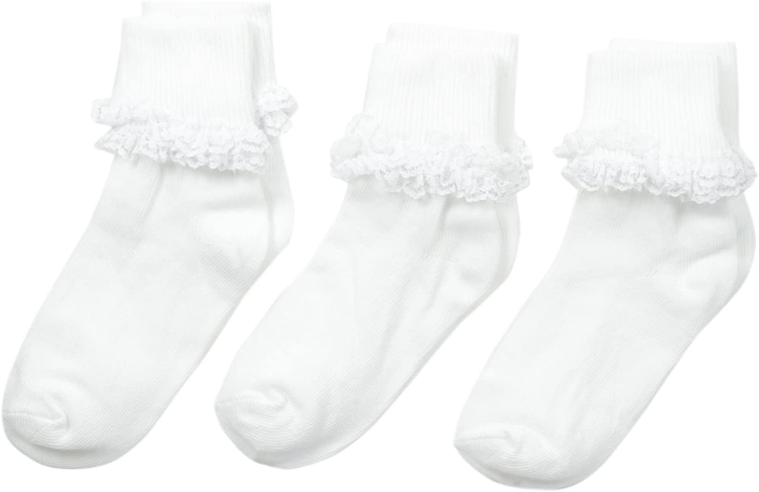 Jefferies Socks Big Girls' Double Row Lace Socks (Pack of 3), White, X ...