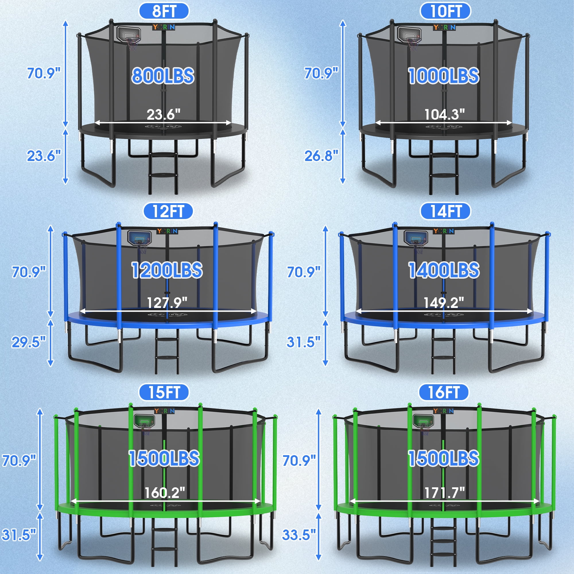 YORIN Trampoline, 10FT Trampoline for 3-4 Kids Adults with Enclosure Net, 1000LBS Outdoor Trampoline with Basketball Hoop, Ladder, Galvanized Anti-Rust Coating Heavy Duty Round Trampoline