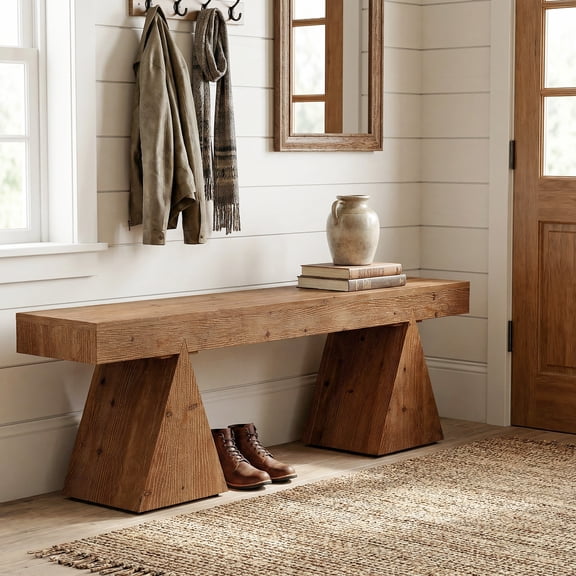 Tribesigns Solid Wood Bench, 63'' Indoor End of Bed Bench, Farmhouse Entryway Benches with Triangle Base for Bedroom, Hallway, Kitchen