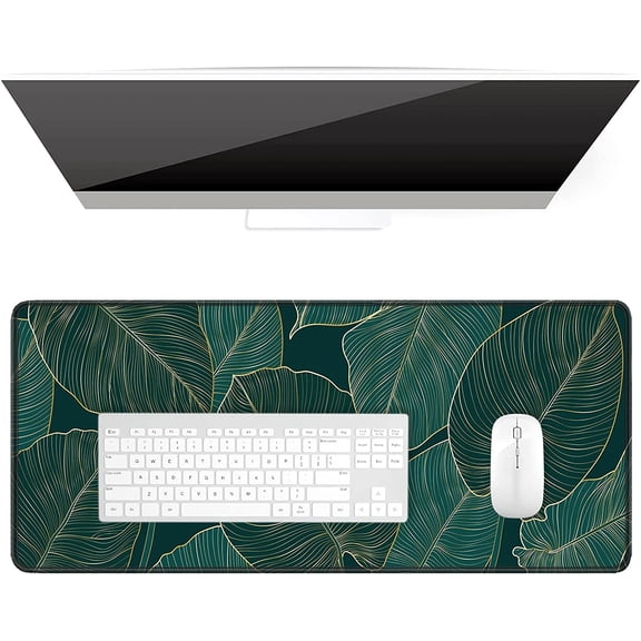 Desk Pad, XL Extended Large Gaming Mouse Pad 31.5 x 11.8 Inch, Waterproof Mousepad with Stitched Edge, Non-Slip Computer Keyboard Laptop Mat Teal Tropical Leaves