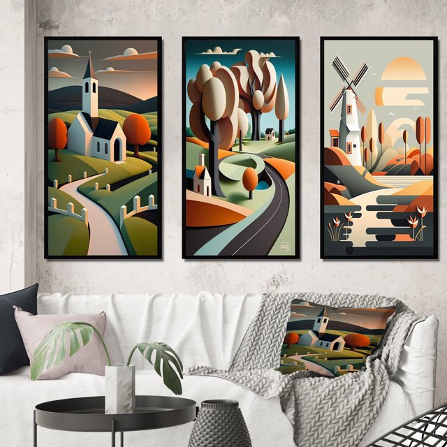 Designart "Little Mountain Road Journey to Rustic White Church" Abstract Landscape Framed Wall Art Set Of 3 - Green Abstract Landscapes Frame Gallery Wall Set For Home Decor