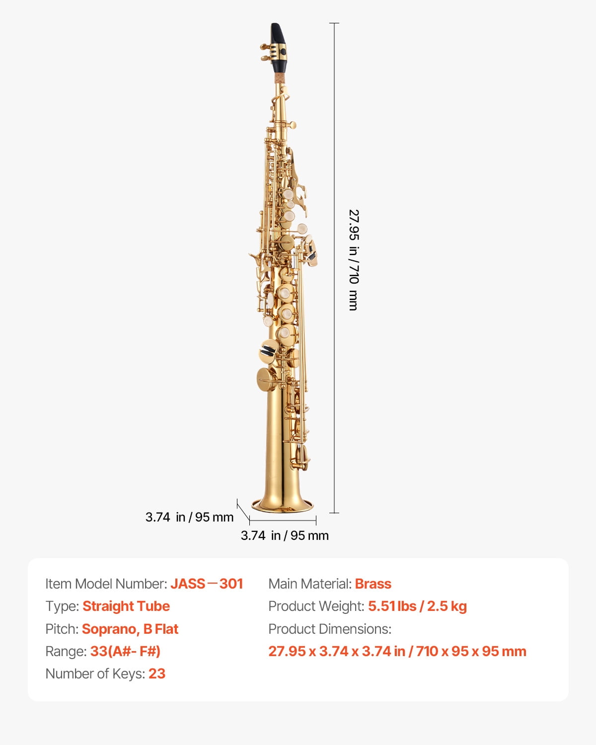 VEVOR Straight Soprano Saxophone, B Flat, Brass Saxophone Beginner Kit with Carrying Case, Mouthpiece, Cleaning Cloth Rod, Gloves, Neck Strap, 23 Keys Soprano Sax Kit, for Beginners Students, Gold