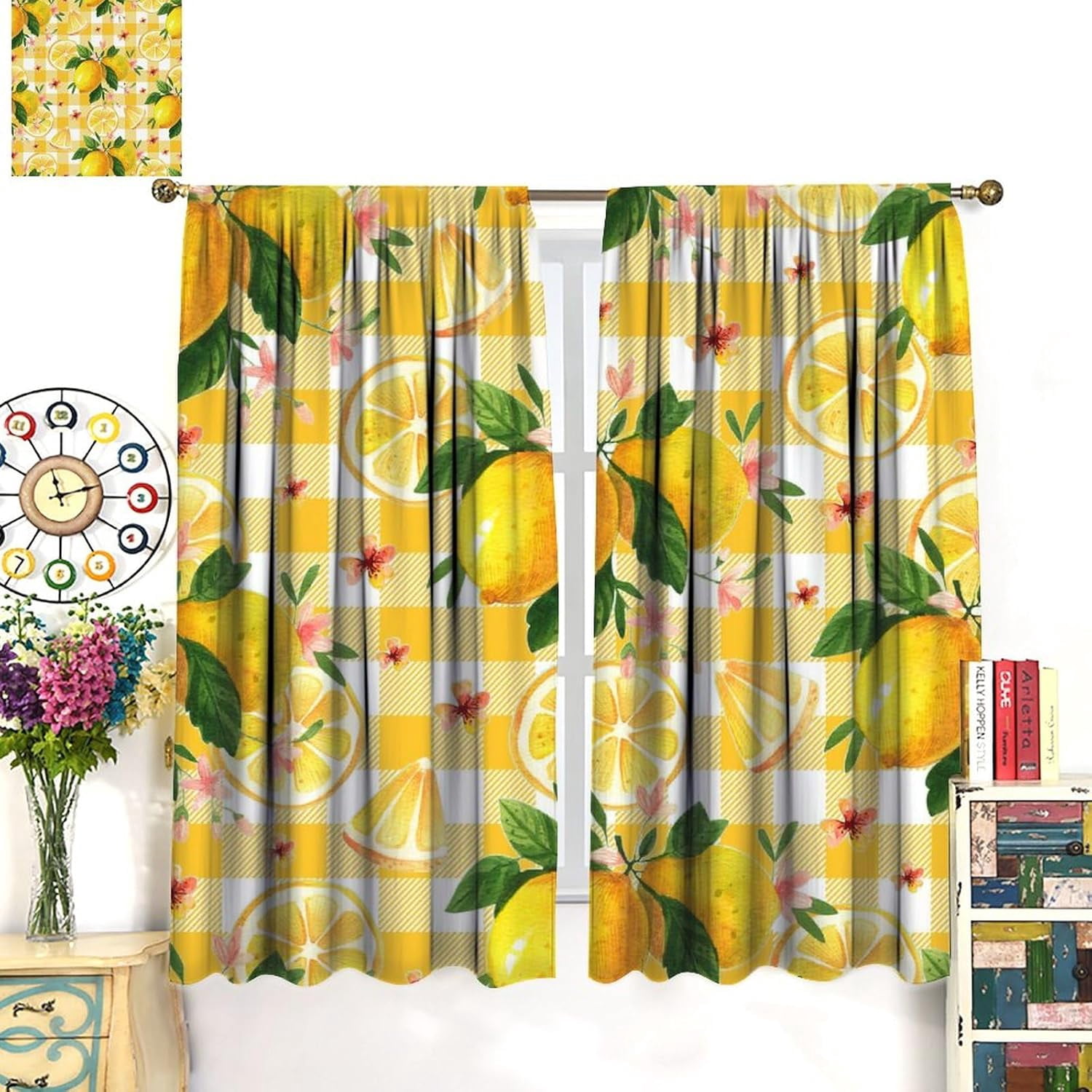Watercolor Lemon Curtains, Summer Lemon Floral Natural Fruit Themed Yellow Lattice Print Design, Bedroom Living Room Blackout Noise Reduction Curtains, 2 Panel Set,42X54 Inch