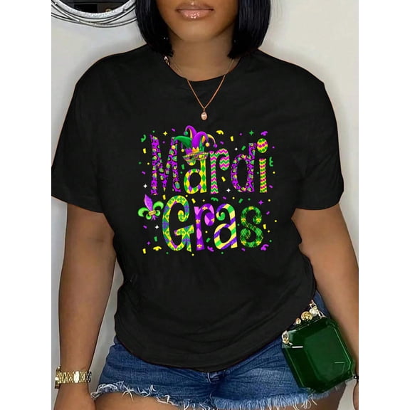 100% Cotton Funny Mardi Gras Parade Outfit Jester Hat Men Women Kids T-Shirt Print Round Neck Cotton T-Shirt, Summer Women's Tops, gift