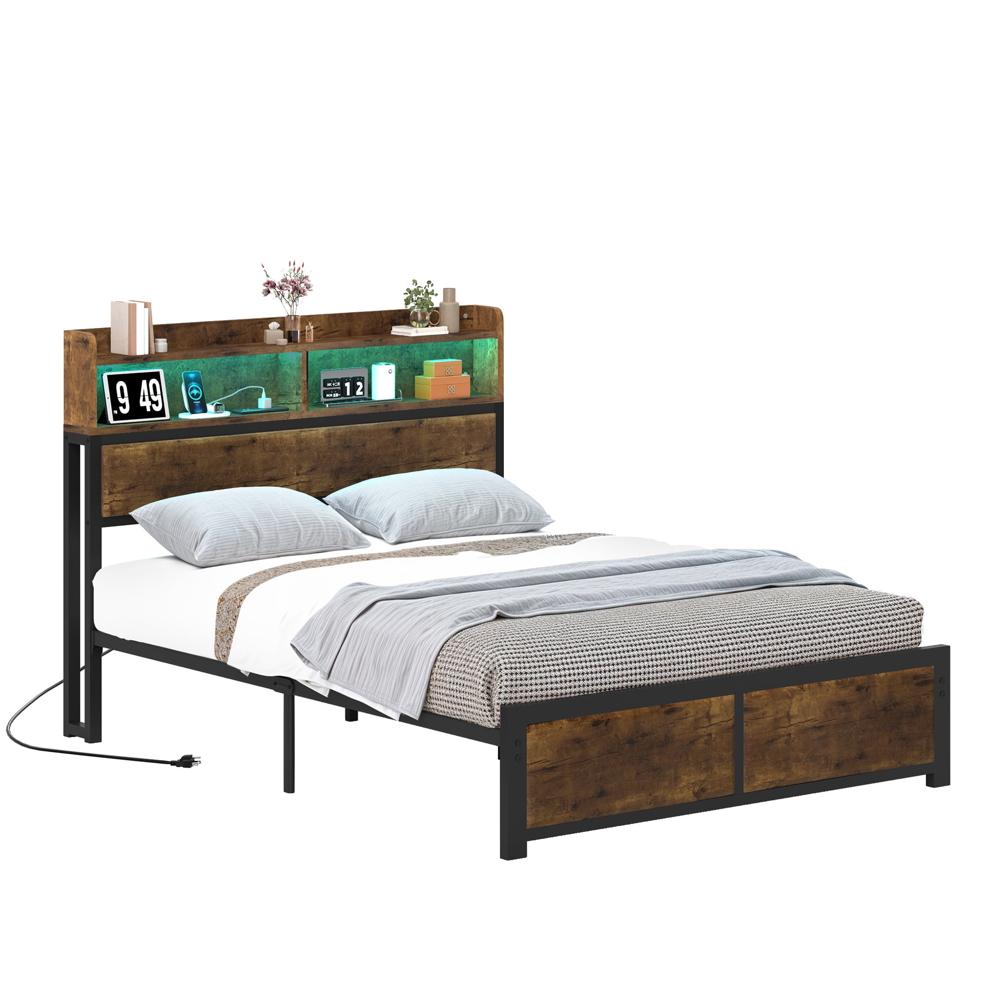 Uforic Full Size Bed Frame, LED Bed Frame with Storage Headboard, Platform Bed with Outlet & USB Ports, Easy Assembly, Rustic Brown