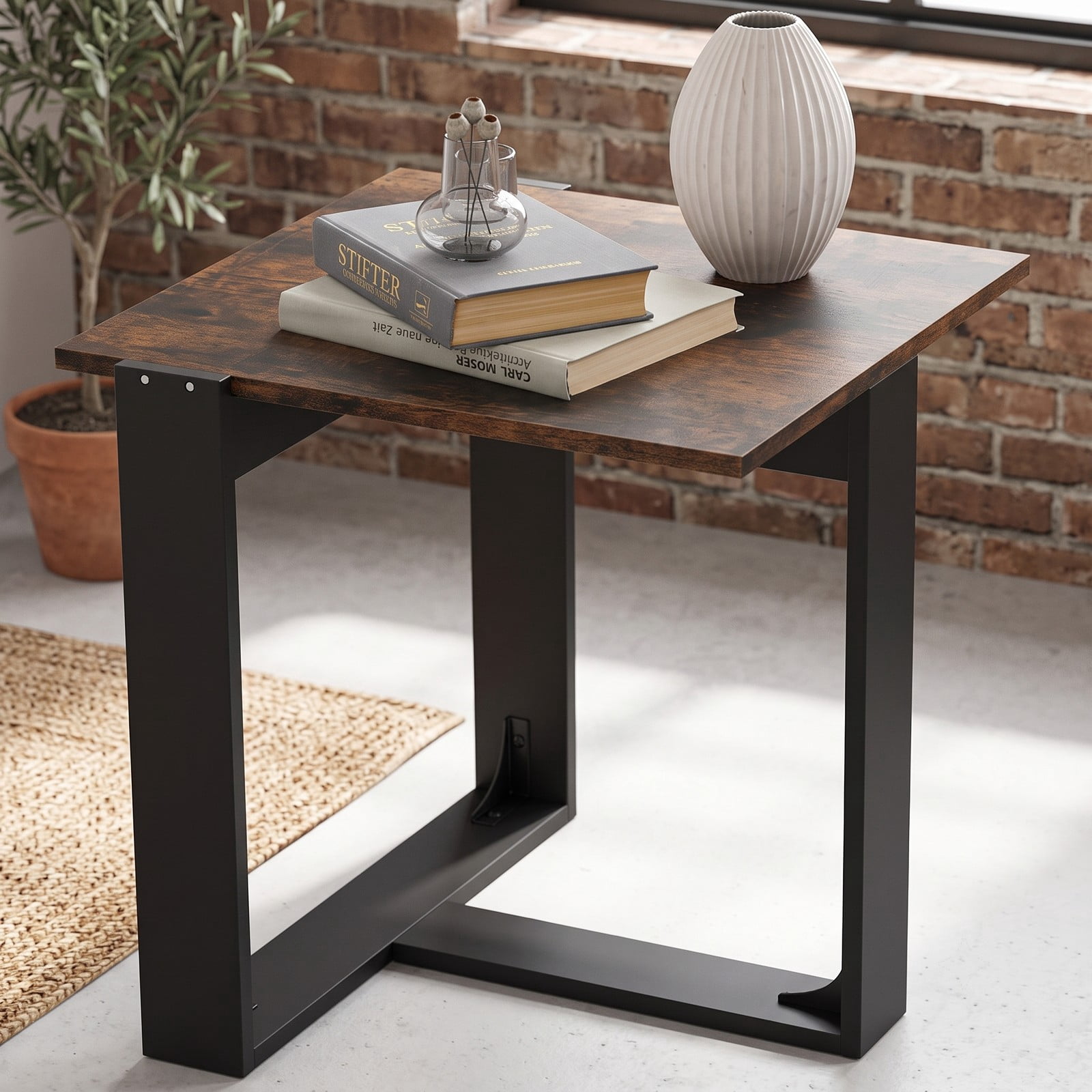 Furnibear Industrial Sofa End Table with Metal Frame, Wood Side Table Nightstand with T-Shaped Base for Living Room Bedroom, Space-Saving Media, Rustic Brown & Black