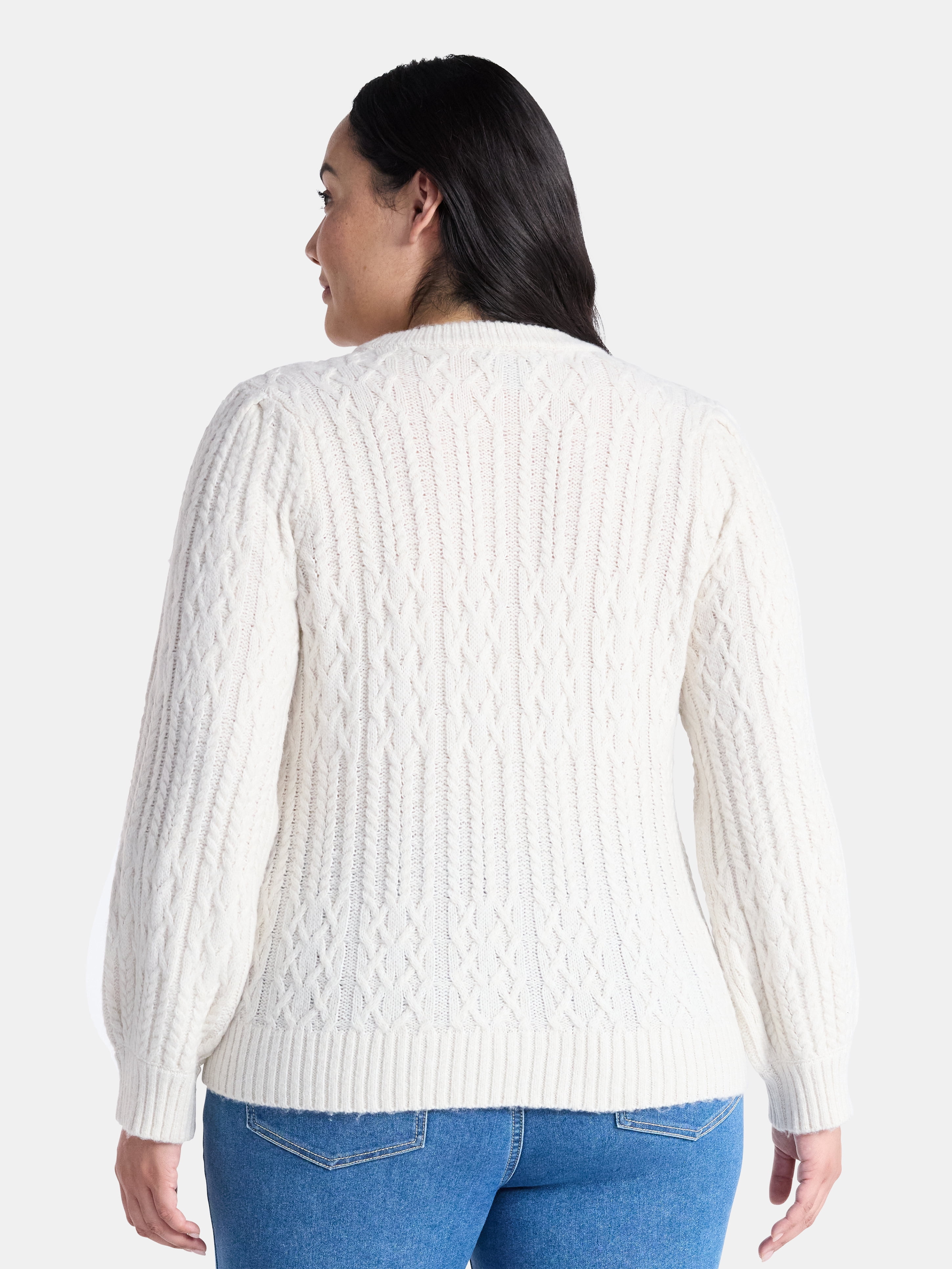 Terra & Sky Women’s Plus Cable Knit Sweater with Faux Pearls, Lightweight, Sizes 0X-5X