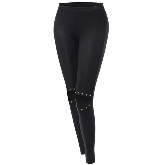 FashionOutfit Women's Knee Cutout Distressed Spike Leggings