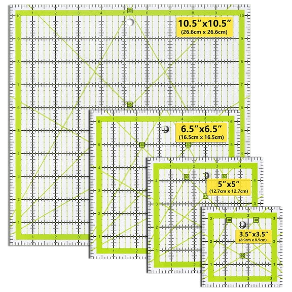 Quilting Rulers 4 Piece Square Acrylic Sewing Templates, 3.5"x3.5" 5"x5" 6.5"x6.5" 10.5"x10.5" 1/4" Grid Fabric Cutting Rulers for Quilting Sewing Patchwork