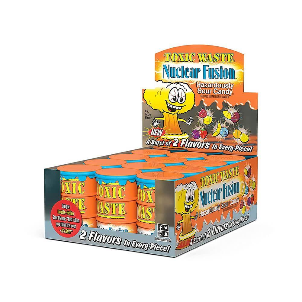 Toxic Waste - Nuclear Fusion - Dual Flavored, Hazardously Sour Candies, 5 Assorted Flavor Combinations, 1.48 oz Drums - 12 Count Display Box