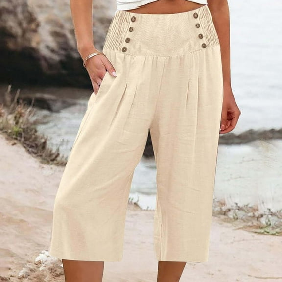 Summer Clearance!Xunlbb Women’s Elastic Waist Summer Solid Casual With Pockets Outing Capris Length Pants on Clearance,Khaki S