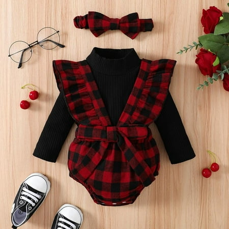 

Newborn Baby Girl Christmas Outfit Long Sleeve Top Buffalo Plaid Suspender Shorts Headband Fall Clothes